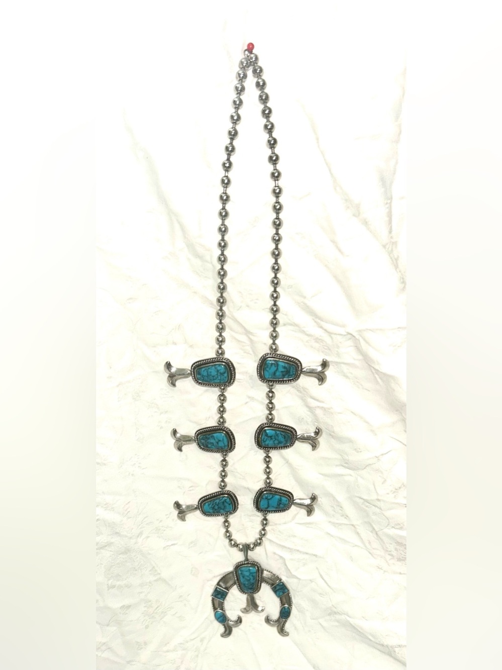 Turquoise Silver Toned Squash Blossom Necklace with matching Earrings